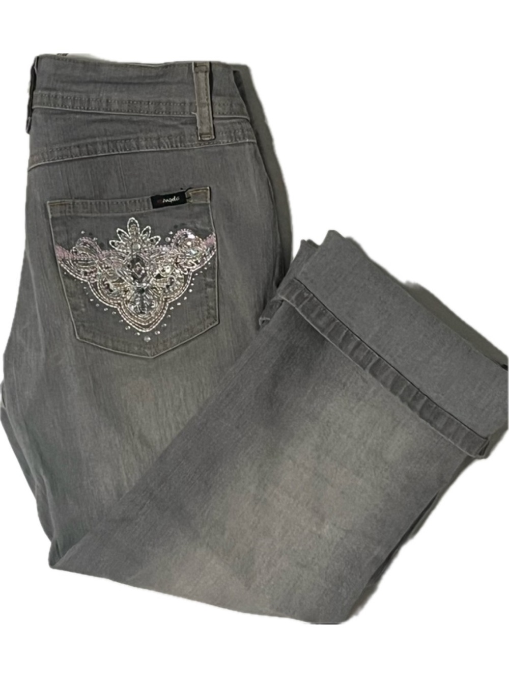 Angels Jeans Stretch Hipster cropped capri grey Denim pink sequin crystal cuff